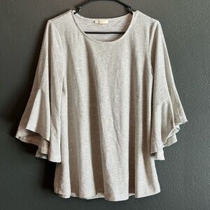 Mystree Gray and White Striped Ruffle-Sleeve Top